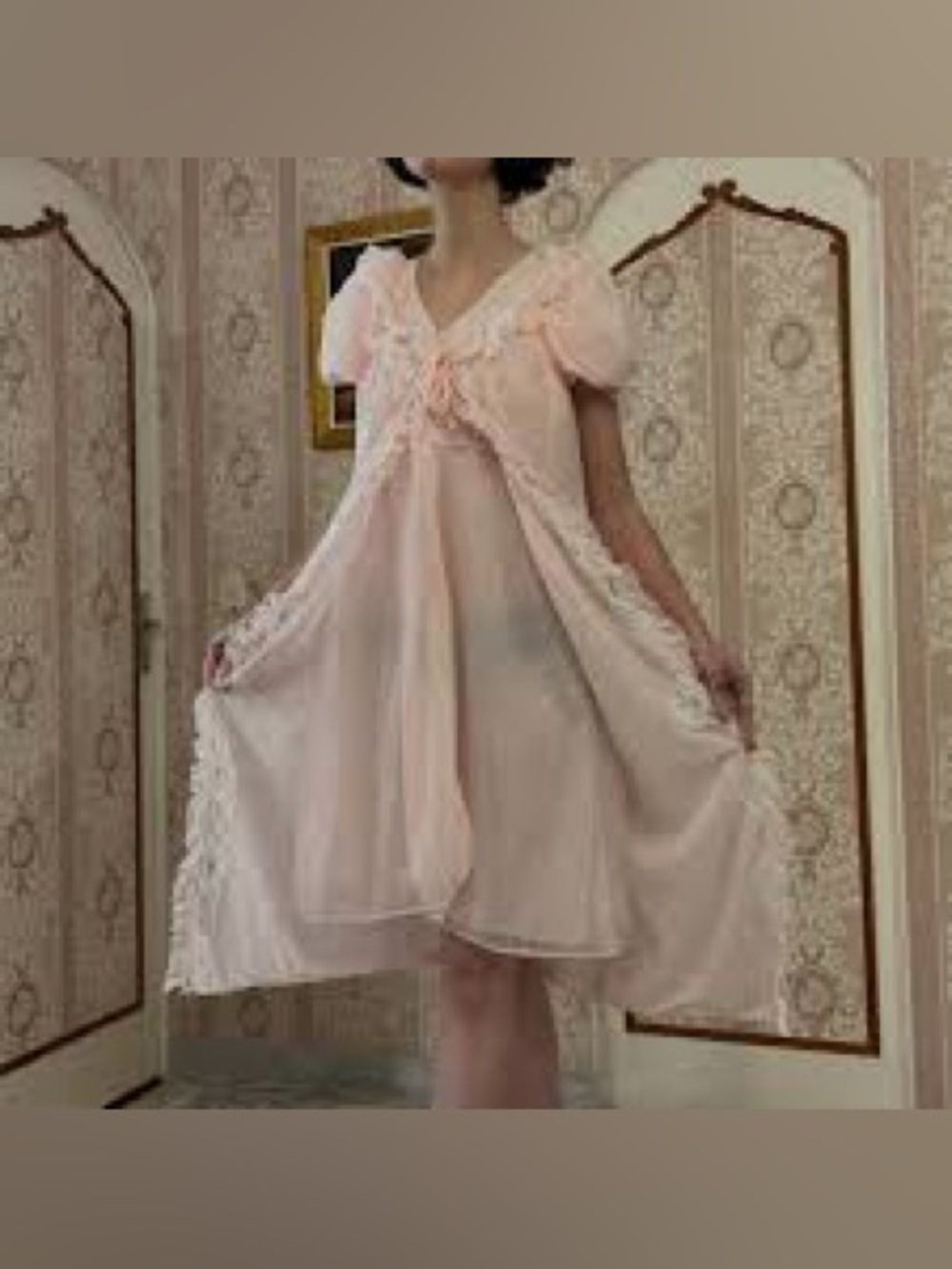 Sheer Lace-Trim Pink Babydoll Nightdress - Women's Chemise